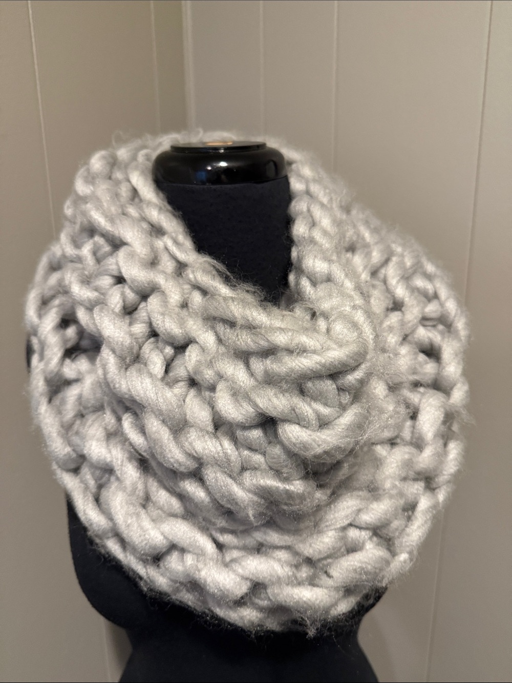Hand-Knit Chunky Infinity Scarf in Light Gray